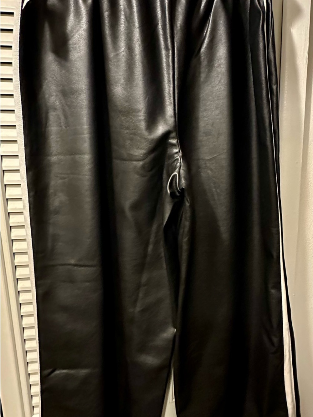 Anthropologie Black Faux Leather Wide-Leg Pants with White Side Stripe